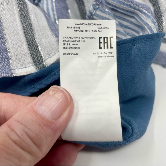 Michael Kors Women’s Short Sleeve Faux Wrap Dress Dark Chambray Blue Stripes Lg - Picture 8 of 11